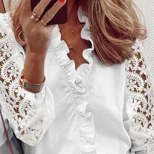 Camicetta da Donna Bianca in Pizzo Patchwork a Maniche Lunghe Elegante Scollo a V con Volant per Ufficio Stile Intellettuale