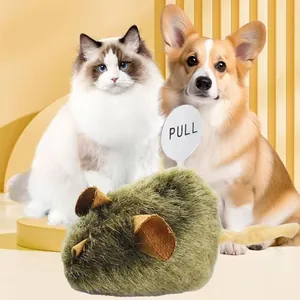 Plush interactive mouse cat toy with pull tab shown with dog and cat companions