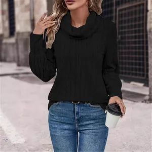 Fashionable women's black cowl neck long sleeve ribbed knit sweater for casual wear.