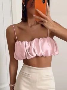 Stylish pink satin ruched crop top camisole with thin straps for trendy summer outfits