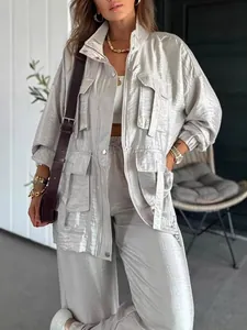 Solid color fashion loose jacket and pants set with 3D pockets in champagne satin