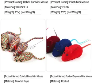 Detailed specifications of various cat mouse toys including plush and rope materials
