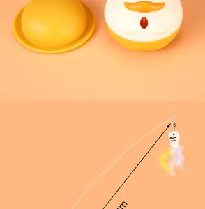 Close-up detail view of rotating duck cat teaser toy with colorful feathers and charm