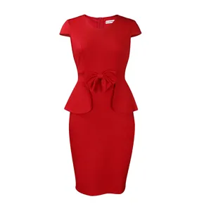 Frontansicht des eleganten roten Kurzarm-Peplum-Bleistiftkleids für Damen in Uni-Farbe