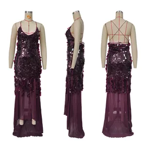 Front, side, and back views of a purple sequined V-neck backless mermaid evening dress.