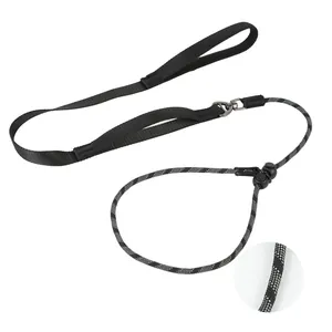 Detailed view of the durable reflective stitching on a black nylon slip lead dog leash for training