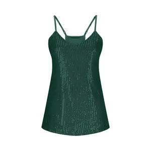 Close-up view of the emerald green sequined fabric on a women's V-neck camisole top