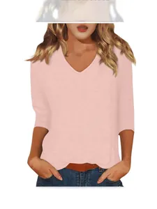 Women's casual light pink V-neck T-shirt with comfortable 3/4 sleeves for daily wear