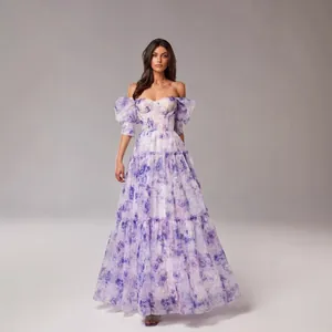 Elegant off-shoulder purple floral organza evening maxi dress for women in summer