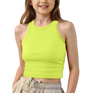 Children's neon lime rib-knit tank top for summer, trendy slim fit casual crop vest