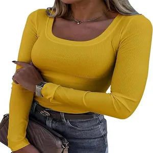 Close-up of yellow ribbed slim fit long sleeve T-shirt with square neck detail