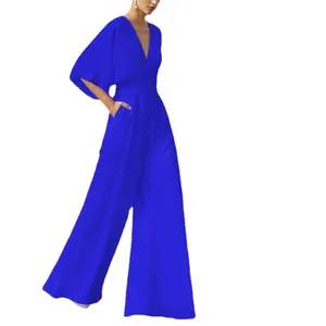 Elegante tuta blu reale con scollo a V e gamba larga per donna con maniche a pipistrello