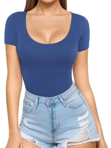 Stylish women's sexy low scoop neck slim fit short sleeve T-shirt in vibrant royal blue