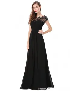 Full length view of black formal evening gown with delicate lace shoulder details