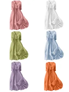 Detailed color selection of loose cotton linen women's casual dresses with button collars