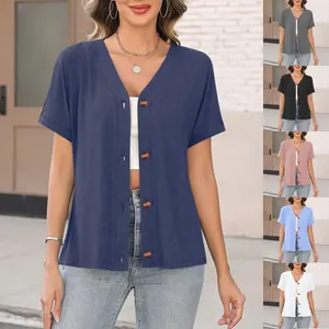 Women's stylish solid color button-down short sleeve top with a relaxed fit design