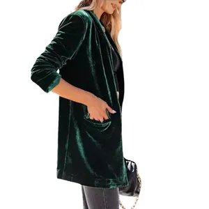 Elegante blazer da donna in morbido velluto verde scuro con collo a rever e maniche