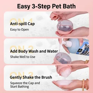 Instructional 3-step guide for silicone pet bath brush with built-in shampoo dispenser