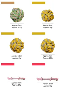 Detailed specification chart for cotton rope dog chew toys in various sizes and weights