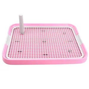 Large pink pet dog toilet tray with vertical pillar and non-slip mesh grid