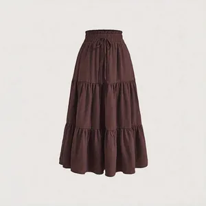 Elegant dark brown plus size tiered maxi skirt with drawstring elastic waist