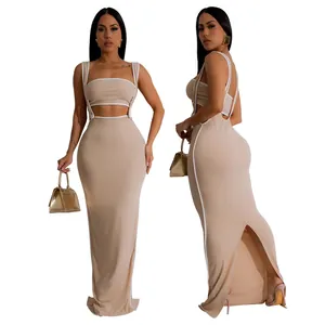 Sexy two-piece bodycon maxi skirt set with tube top and suspender straps in beige.