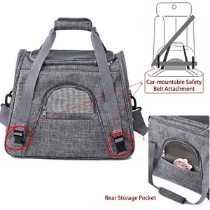 Breathable grey pet carrier bag with mesh window and car seat belt attachment straps