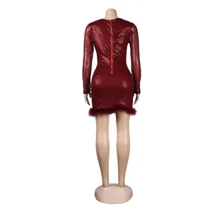 Detailed back view of sexy wine red sequin bodycon dress with plush feather trim