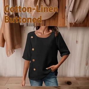 2026 Top Casual da Donna in Cotone e Lino Girocollo a Maniche Corte Camicetta Con Bottoni in Legno Decorativi Camicia a Vestibilità Larga
