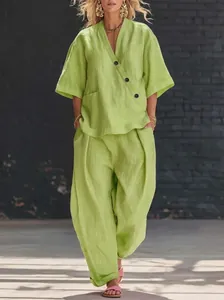 Chic women's lime green linen-style casual two-piece set with a V-neck button shirt