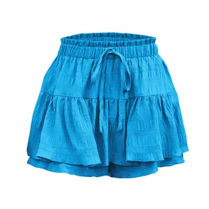 Gonna pantalone blu a balze per donna con coulisse in vita e design a strati alla moda