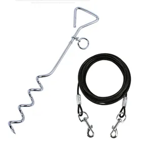 Detail view of durable stainless steel spiral dog stake and black steel tie-out cable set