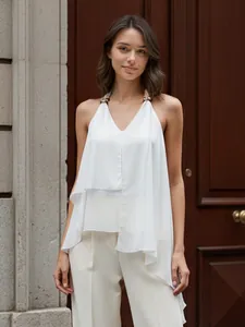 Women French Elegant Halter Polyester Chiffon Tank Top Casual Loose Asymmetrical Hem White Top Sleeveless Ladies Summer Clothing