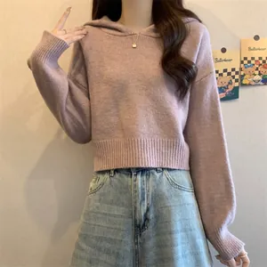 Vue détaillée d'un pull court à capuche en maille lavande douce pour femme style décontracté
