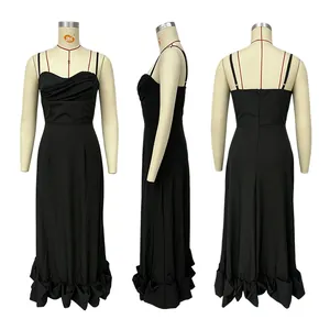 Detailed views of a black slim-fit evening dress with straps and a ruffled hem.
