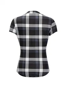 Back view of a slim-fit short-sleeved plaid top in black, grey, and white colors.