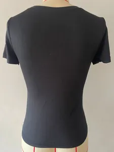 Back view of a black slim fit ribbed short sleeve t-shirt displayed on a mannequin.