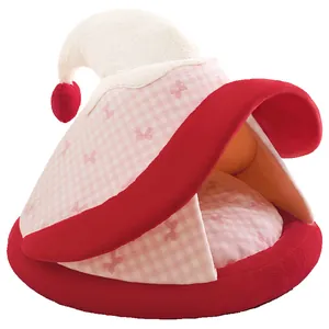 Cama para mascotas semicerrada a cuadros rosas con forma de gorro de felpa suave