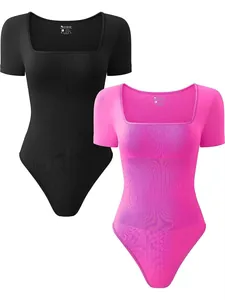 Premium ribbed short sleeve square neck bodysuits set in classic black and vibrant pink