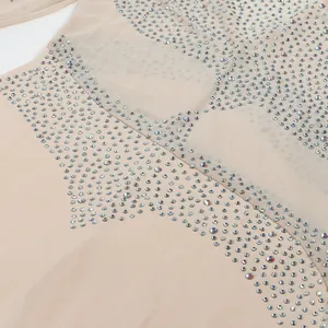 Primer plano de pedrería brillante en tela de malla nude de un vestido ajustado