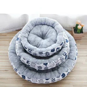 Set of three round grey plush pet beds featuring cute blue cartoon cat pattern prints