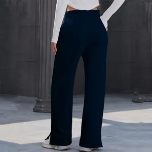 Detailed back view of high-waisted navy blue wide-leg casual trousers for women