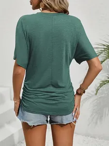 Back view of a dark green slim fit short sleeve T-shirt with ruched side textures