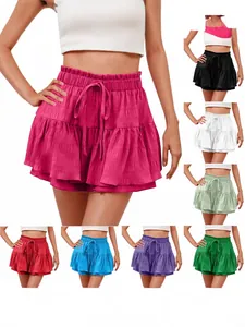 Women Summer Ruffle Skort Solid Color Drawstring Elastic High Waist Casual Shorts Polyester Breathable Beach Mini Skirt Bottom