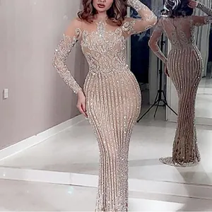 Women Elegant Sequin Maxi Dress Long Sleeve Mesh Patchwork Mermaid Evening Gown Bodycon Formal Banquet Dress