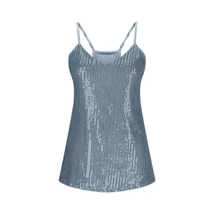 Detailed view of light blue sequined camisole with adjustable straps and V-neck.