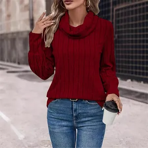 Elegant wine red long sleeve turtleneck knit top for women in a casual street style