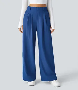 Blaue Hose mit hoher Taille und weitem Bein mit elegantem drapiertem Design für Damen