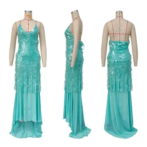 Turquoise V-neck sequined fishtail evening dress with backless design and cross straps