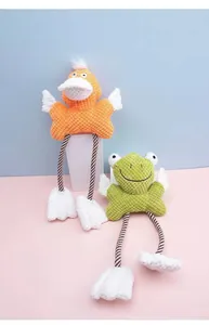 Detailed view of plush squeaky frog and duck pet toys with durable rope legs